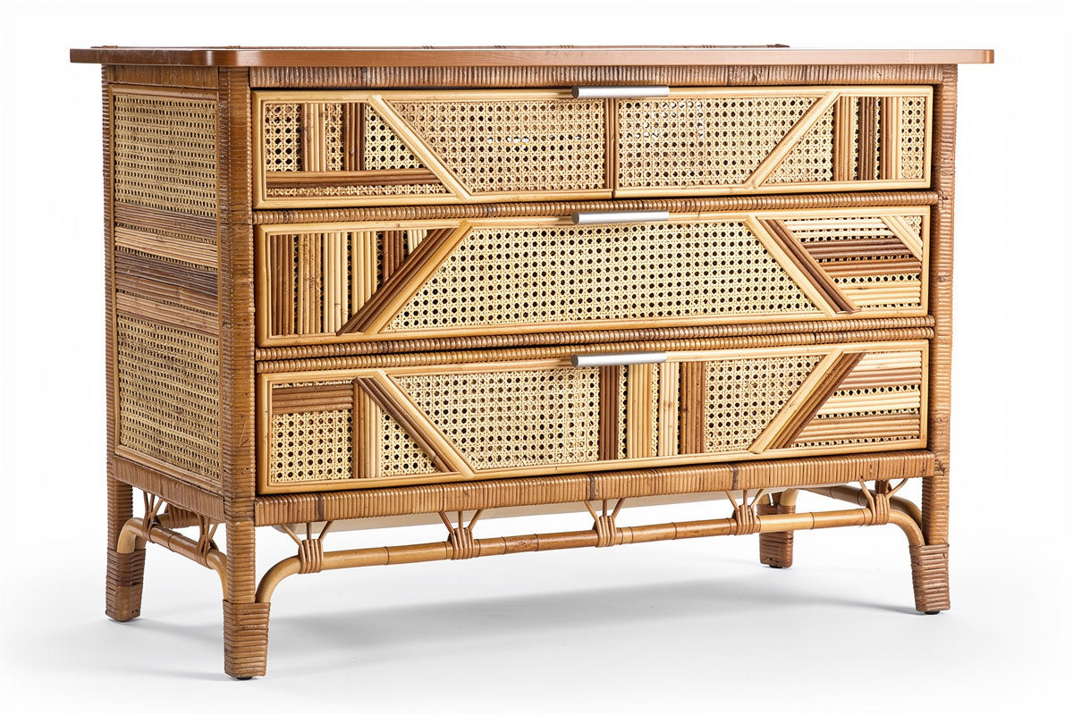 Rieten Dressoir met Drie Laden en Gevlochten Patronen