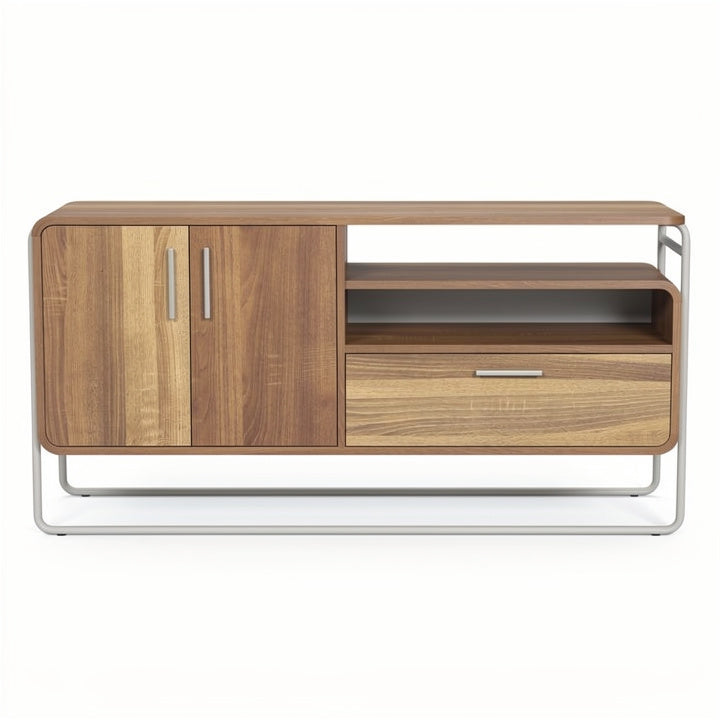 Moderne houten kast met stalen onderstel en open vakken.