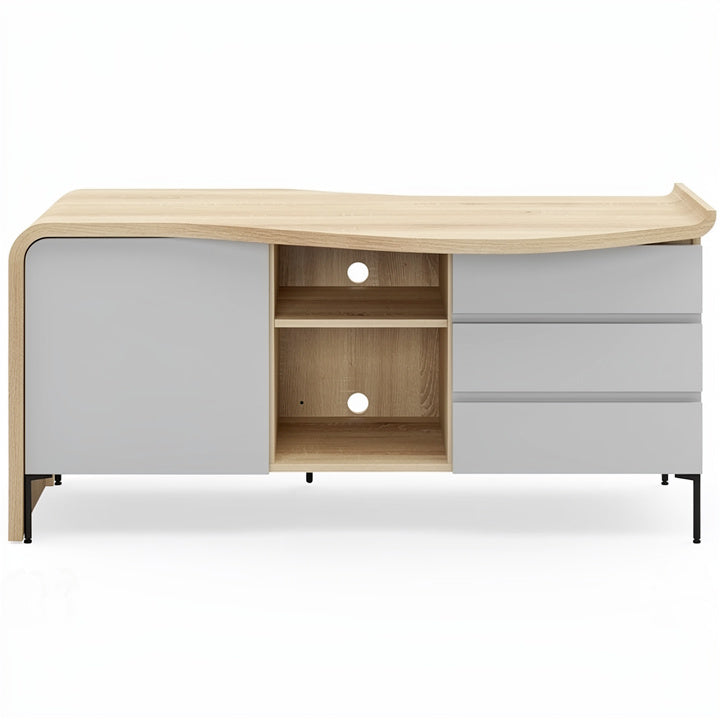 Moderne houten commode met organische vormen en grijze lades