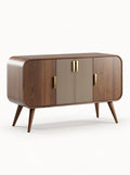 Moderne houten kast met gouden handgrepen en groeven