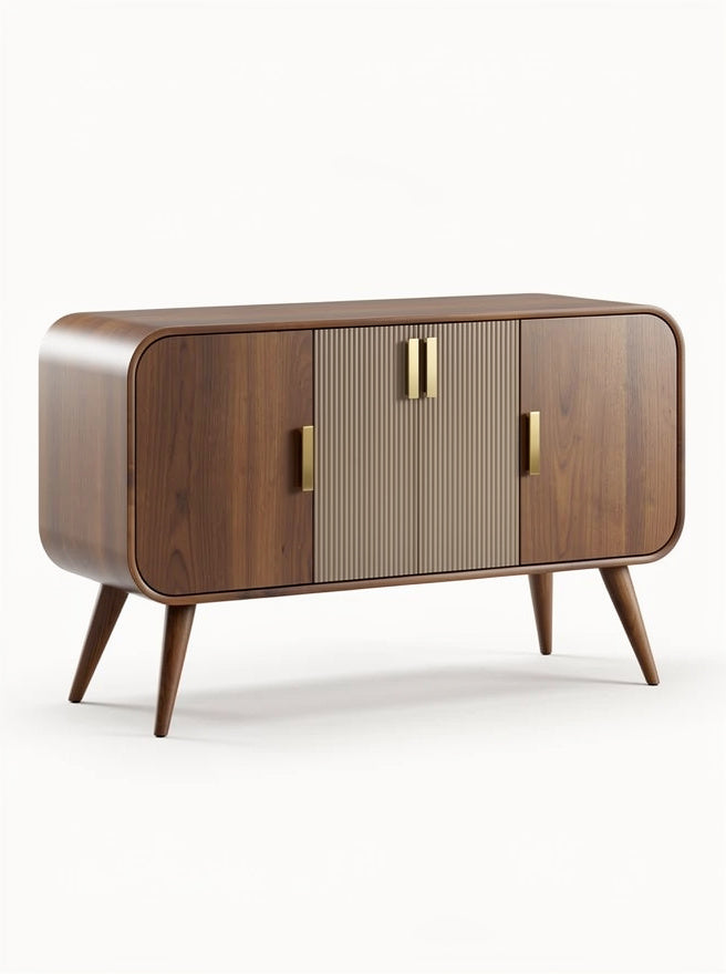 Moderne houten kast met gouden handgrepen en groeven